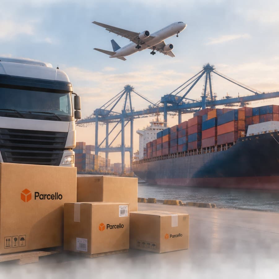 A lorry, a container ship and Parcello boxes on a pallet at a port